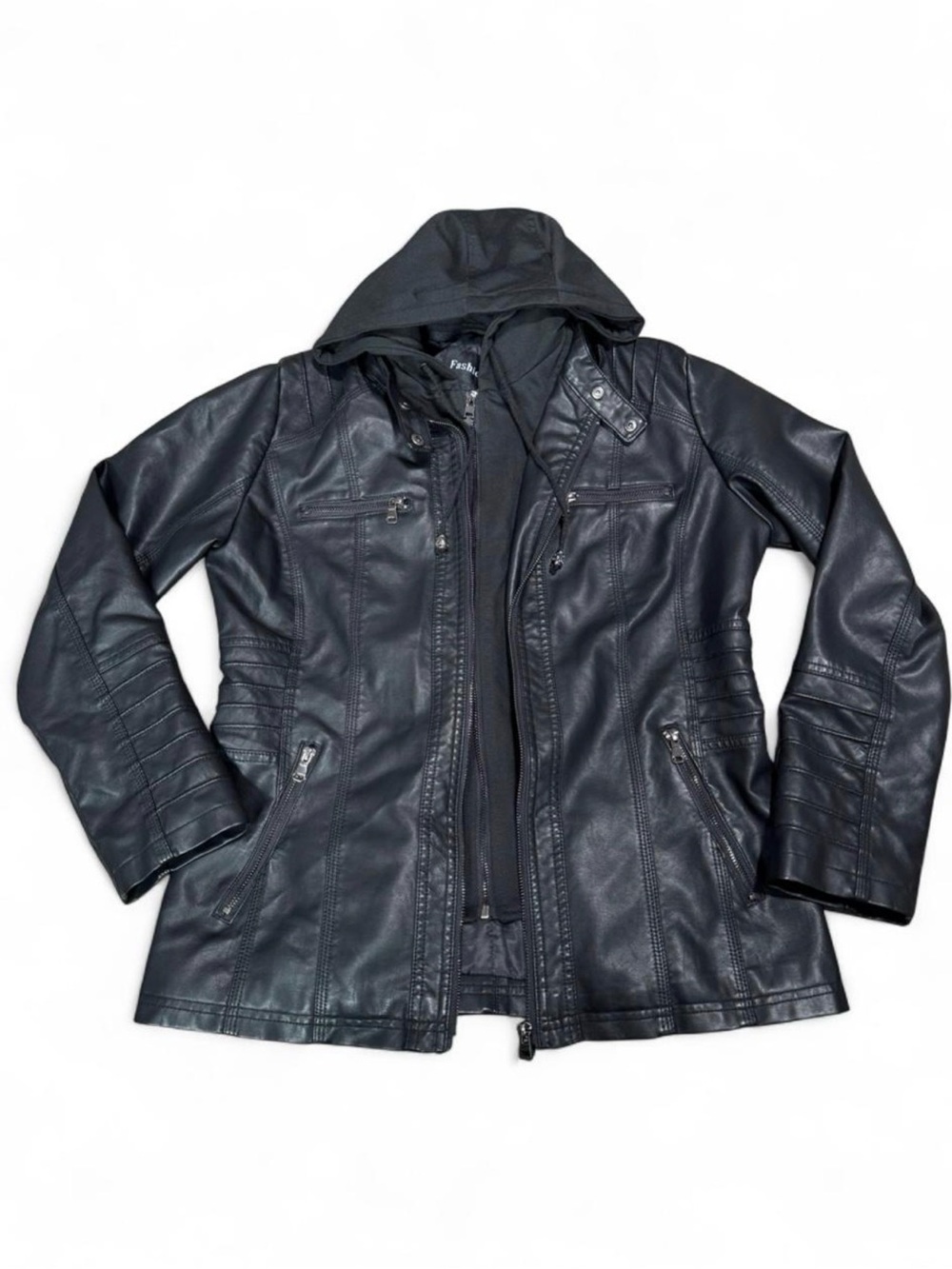 Black Vegan  Leather zip out Hooded Jacket with zip pockets